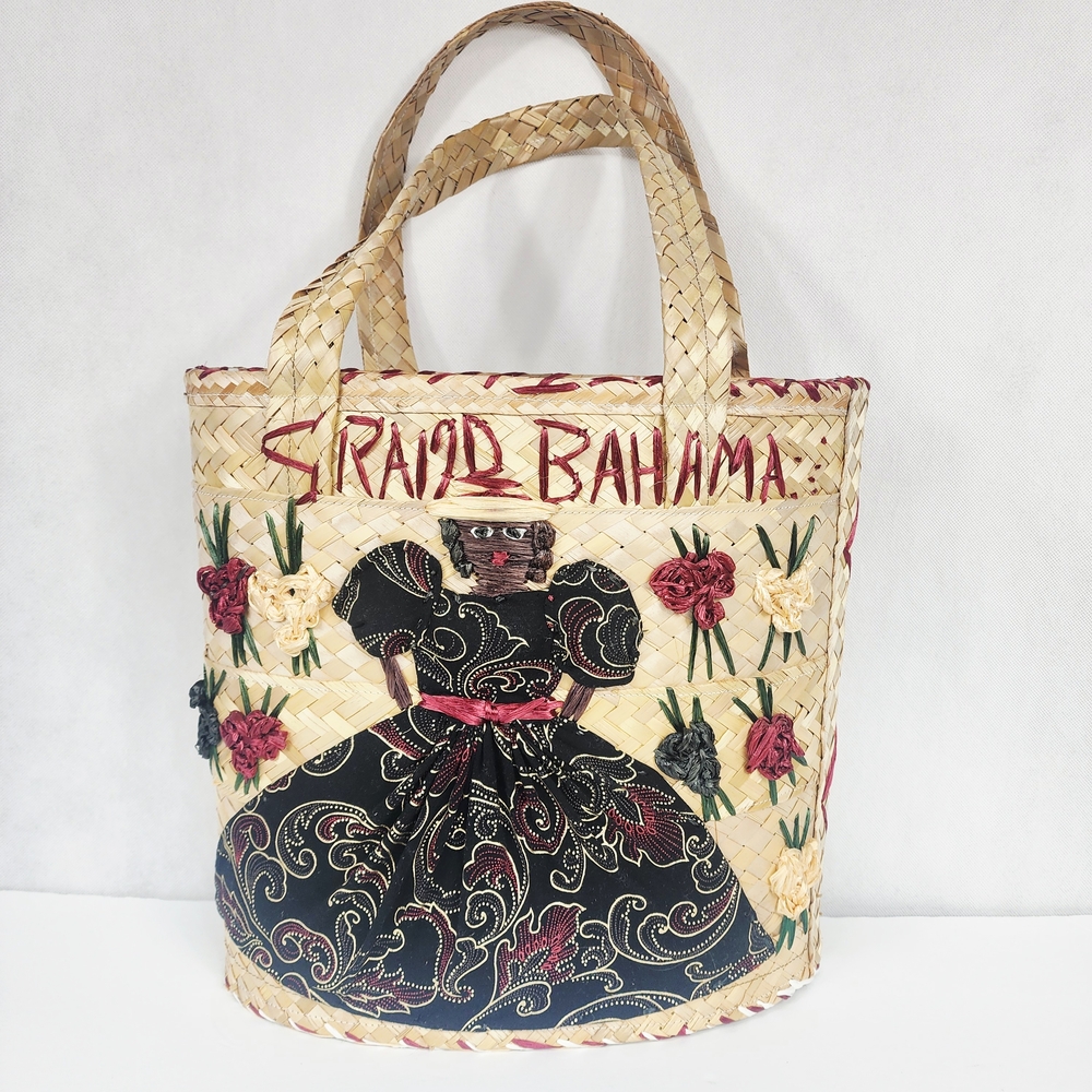 Vintage Handmade Bahamas Raffia Straw Tote Bag